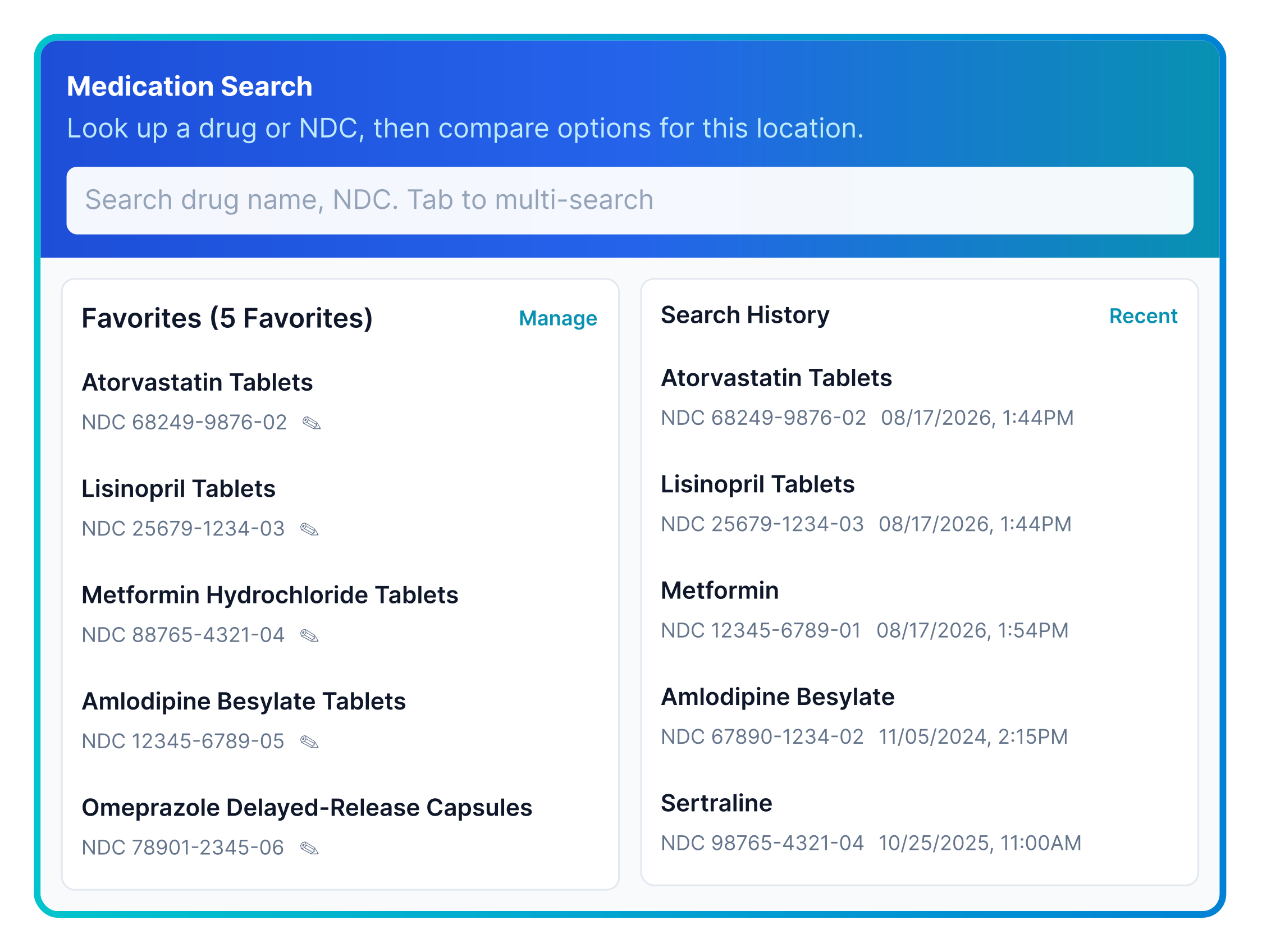 Medication search interface showing drug pricing and pharmacy results