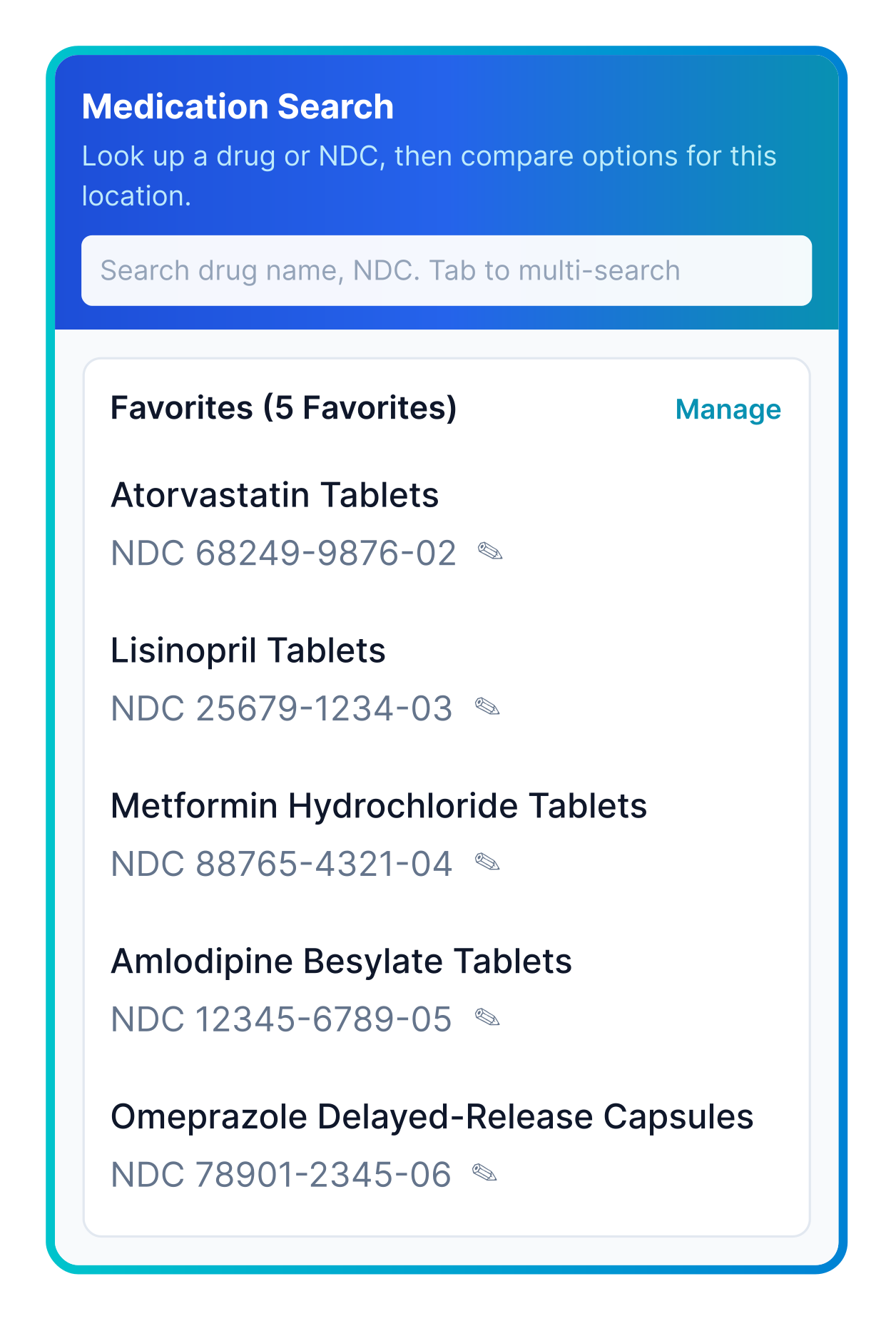 Medication search interface showing drug pricing and pharmacy results