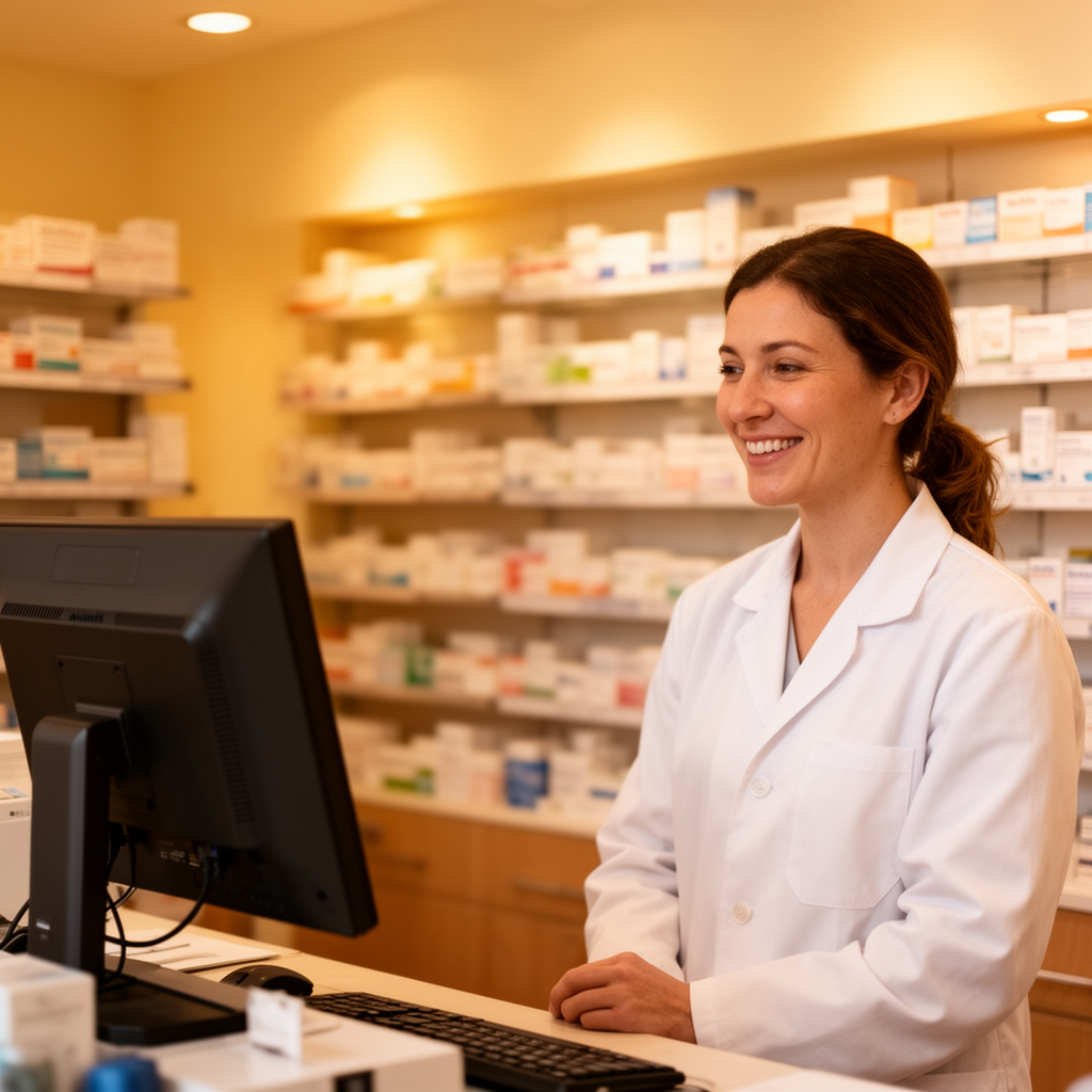 Pharmacist at the counter reviewing prescriptions on a computer