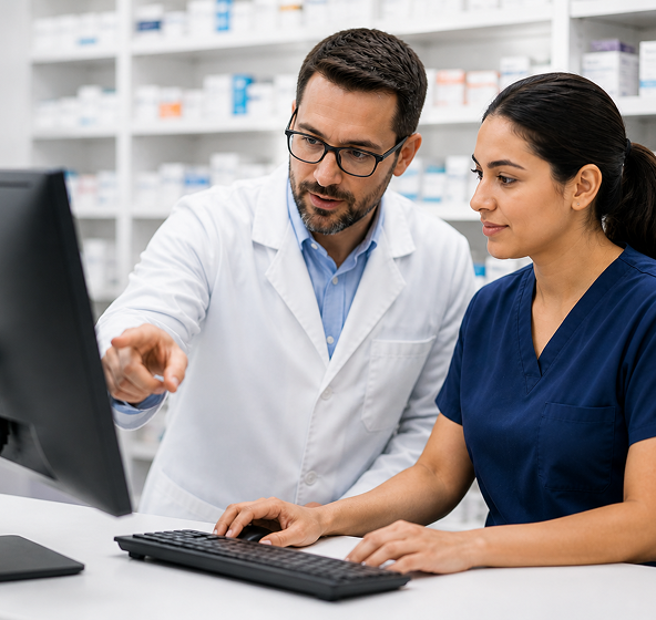 Pharmacy team reviewing prescription pricing together at the counter