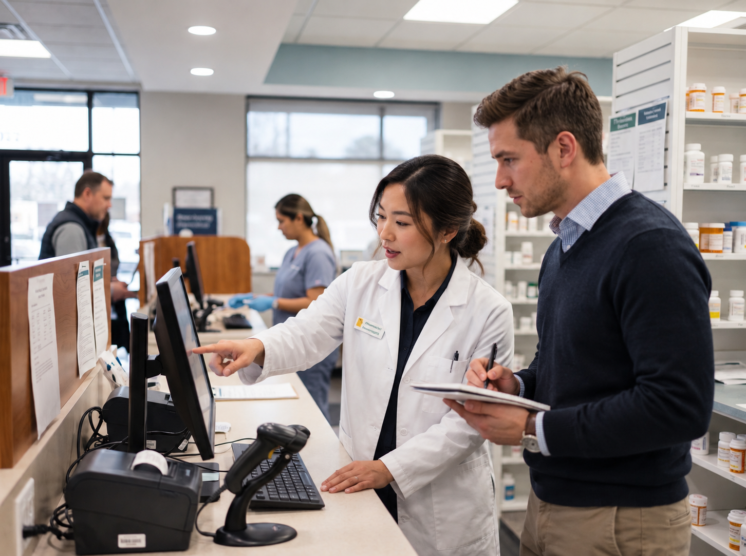 A pharmacist reviewing a prescription with a colleague at the pharmacy counter
